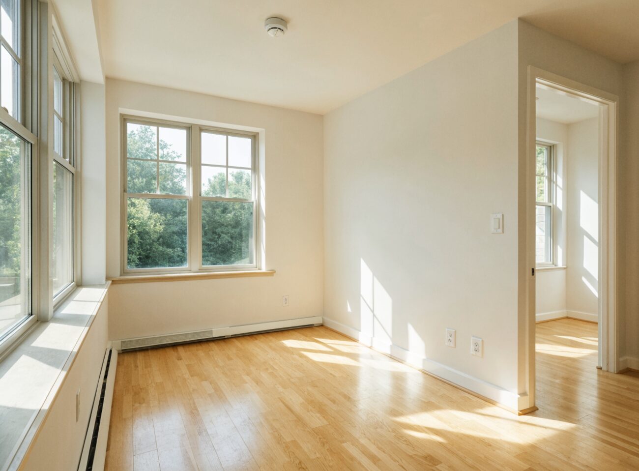 A clean, bright, freshly prepared rental unit interior ready for a housing inspection